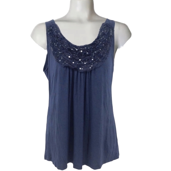 Olivia Moon Blue Tank Top Lace and Sequin Ruffled Collar Size L - Picture 3 of 10